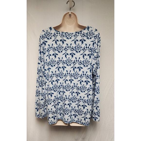 Chico's Round Neck Blue Print Paisley Long Sleeve Ultimate Tee Size 3 XL - Picture 4 of 6